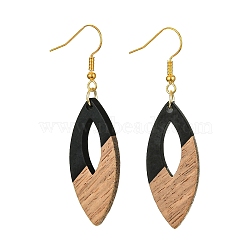 Two Tone Resin & Walnut Wood Horse Eye Dangle Earrings, Golden Iron Long Earrings, Black, 58x15.5mm(EJEW-JE05504-04)