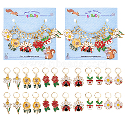 Alloy Enamel Flower & Ladybug Charm Locking Stitch Markers, Golden Tone 304 Stainless Steel Lobster Claw Clasp Locking Stitch Marker, Mixed Color, 3.4~4.4cm, 12pcs/set(HJEW-PH01712)