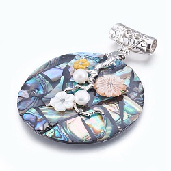 Abalone Shell/Paua Shell Big Pendants, with Brass Findings, Flat Round with Flower, Platinum, 82.5x61x7.5mm, Hole: 7x8mm(SSHEL-P014-11)