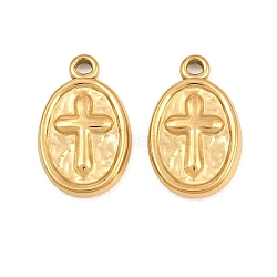 304 Stainless Steel Pendants, Oval with Cross Charms, Ion Plating(IP), Real 18K Gold Plated, 17.5x11x2.3mm, Hole: 1.6mm(SA-CBA3ECF-24G)