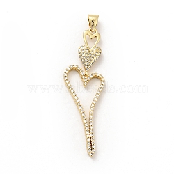 Rack Plating Brass Micro Pave Cubic Zirconia Pendants, Long-Lasting Plated, Lead Free & Cadmium Free, Heart, Real 18K Gold Plated, 44x13.5x2.5mm, Hole: 3.5x4mm(ZIRC-F129-38G)