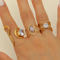 304 Stainless Steel Cubic Zirconia Cuff Rings Sets for Women, Mixed Shapes, Real 18K Gold Plated, 16mm(FS-WG503C7-16)