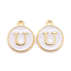 Golden Plated Alloy Charms, Cadmium Free & Lead Free, with Enamel, Enamelled Sequins, Flat Round with Letter, White, Letter.U, 14x12x2mm, Hole: 1.5mm(ENAM-S118-01U)