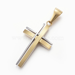 304 Stainless Steel Pendants, Cross, Golden & Stainless Steel Color, 36x20x4mm, Hole: 10x4mm(STAS-H360-06GP)