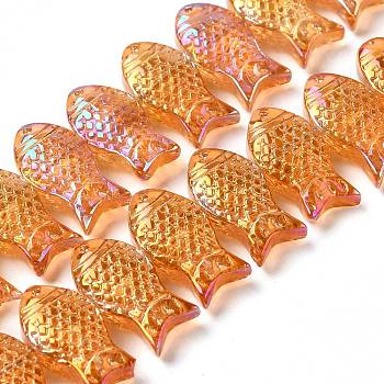 Electroplate Transparent Glass Beads Strands, Full Rainbow, Fish, Orange, 8x15x10mm, Hole: 1mm, about 50pcs/strand, 15.75 inch(40cm)