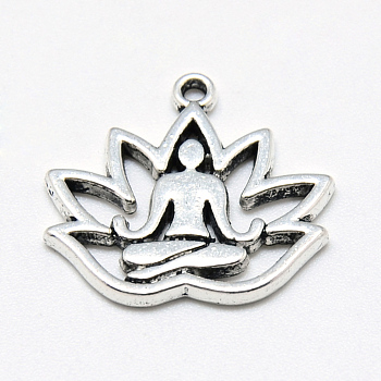 Tibetan Style Alloy Yoga Theme Pendants, Lotus, Cadmium Free & Nickel Free & Lead Free, Antique Silver, 16.5x18x1.5mm, Hole: 1mm, about 420pcs/500g