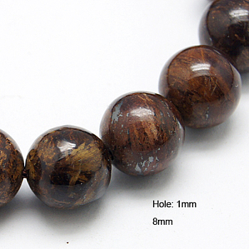 Natural Bronzite Beads Strands, Round, 8mm, Hole: 1mm, about 45~48pcs/strand, 15.2 inch