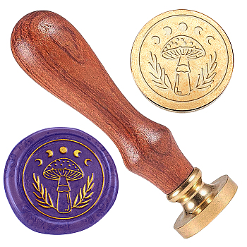 Wax Seal Stamp Set, Golden Plated Sealing Wax Stamp Solid Brass Head, with Retro Wood Handle, for Envelopes Invitations, Gift Card, Mushroom, 83x22mm, Head: 7.5mm, Stamps: 25x14.5mm