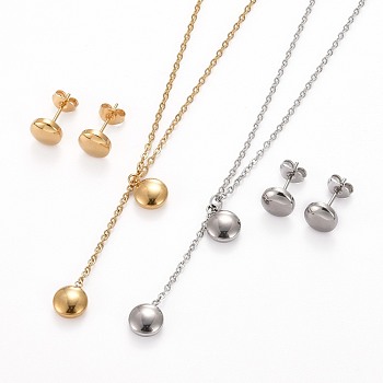 Flat Round 304 Stainless Steel Jewelry Sets, Pendant Cable Chains Necklaces and Stud Earrings, with Lobster Claw Clasps and Ear Nuts, Mixed Color, 17.71 inch(45cm), 8x4mm, Pin: 0.8mm