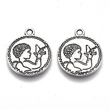 Tibetan Style Alloy Pendants, Cadmium Free & Lead Free, Flat Round with Angel, Antique Silver, 22.5x19x1.5mm, Hole: 1.8mm, about 400pcs/1000g