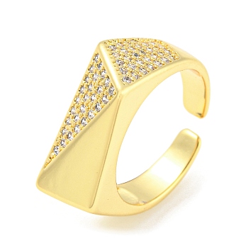 Rack Plating Brass with Clear Cubic Zirconia Open Cuff Rings, Long-Lasting Plated, Lead Free & Cadmium Free, Real 18K Gold Plated, Inner Diameter: 19mm