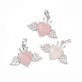 Natural Rose Quartz Pendants, Heart Charms with Wings & Crown, with Platinum Tone Brass Crystal Rhinestone Findings, 26x35.5x8mm, Hole: 8x5mm