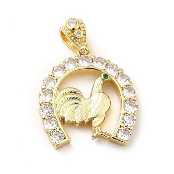Brass Micro Pave Cubic Zirconia Pendants, Long-Lasting Plated, Real 18K Gold Plated, Horseshoe with Rooster, Clear, 27x25x5mm, Hole: 4.5x6mm