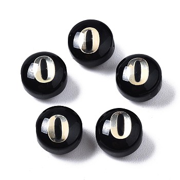 Handmade Lampwork Beads, Golden Metal Enlaced, Flat Round with Number 0, Black, 5.5x8mm, Hole: 1mm