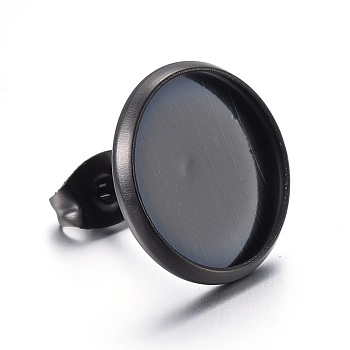 Stainless Steel Stud Earring Settings, Flat Round, Electrophoresis Black, Tray: 12mm, 14mm, Pin: 0.7mm