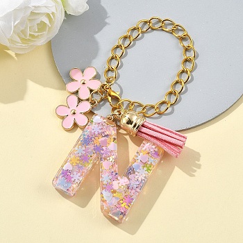 Flower Alloy Enamel & Resin Letter Cup Charms, with Alloy Lobster Claw Clasps and Chain, Letter N, 185mm