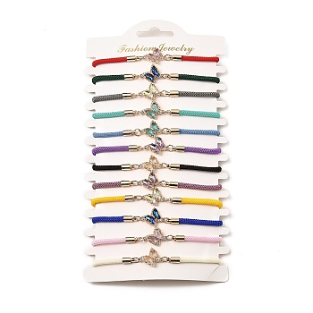 12Pcs 12 Colors Polyester Bracelets, Brass Glass Links Jewelry for Women, Butterfly, Mixed Color, 7-1/4 inch(18.5cm)