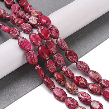 Natural Imperial Jasper Beads Strands, Dyed, Oval, Crimson, 11~12.5x8~9x4.5~5mm, Hole: 1.2mm, about 34~35pcs/strand, 15.55~16.02''(39.5~40.7cm)