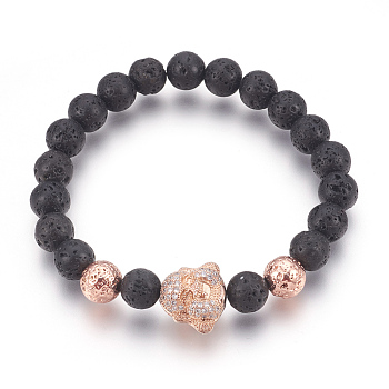 Stretch Bracelets, with Long-Lasting Plated Electroplated Natural Lava Rock, Natural Lava Rock and Brass Cubic Zirconia Beads, Buddha, Rose Gold, 2-1/8 inch(5.5cm)