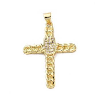 Brass Micro Pave Clear Cubic Zirconia Pendants, Real 18K Gold Plated, Cross, Palm, 36x26~26.5x3~4mm, Hole: 4x3.5mm