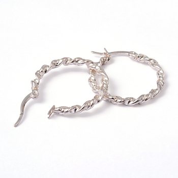 304 Stainless Steel Hoop Earrings, Twisted Ring Shape, Hypoallergenic Earrings, Silver Color Plated, 9 Gauge, 31x26x3mm, Pin: 1mm