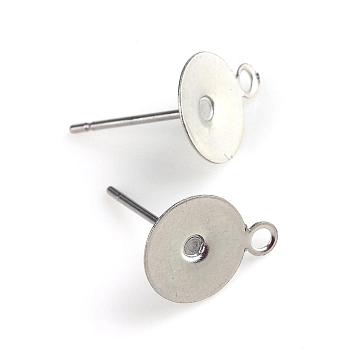 304 Stainless Steel Stud Earring Settings, with Loop, Flat Round, Stainless Steel Color, Tray: 6mm, 8x6mm, Hole: 1mm, Pin: 0.8mm
