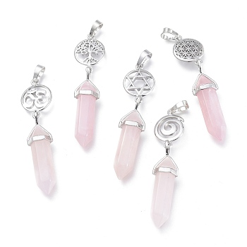 Natural Rose Quartz Pointed Big Pendants, Double Terminated Pointed, with Platinum Plated Brass Findings, Faceted, Bullet, 59~67x14~15mm, Hole: 7x5mm, Gemstone: 41~44x8mm
