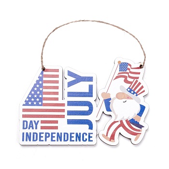 Independence Day Density Board Wooden Wall Ornament Doorplate Pendants, Word 4th of July with Jute Twine, for Home Garden Hanging Decoration, Blue, 110x160x4mm, Hole: 4mm