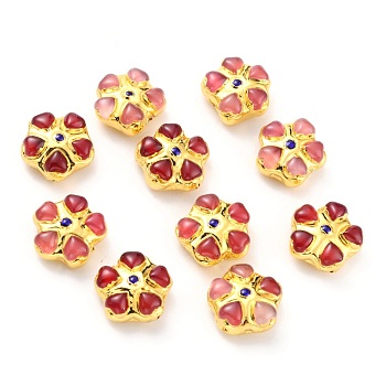 Cat Eye Beads, with Golden Tone Brass Finding, Flower, Red, 23.5~24x24~25x10~11mm, Hole: 1.2mm