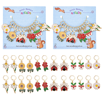 Alloy Enamel Flower & Ladybug Charm Locking Stitch Markers, Golden Tone 304 Stainless Steel Lobster Claw Clasp Locking Stitch Marker, Mixed Color, 3.4~4.4cm, 12pcs/set
