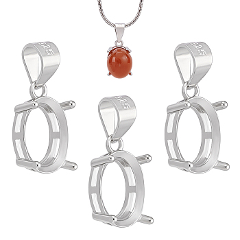 3Pcs Sterling Silver Basket Pendant Setting with Prongs Mounting, Open Back Settings, Oval, Platinum, Tray: 10x8mm, 12x8x5mm, Hole: 4.5x3mm