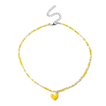 Alloy Enamel Heart Charm Necklace, Glass Seed Beaded Necklace for Women, Yellow, 17.13 inch(43.5cm)