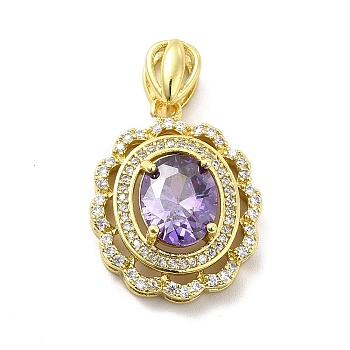 Brass Micro Pave Clear Cubic Zirconia Pendants, with Lilac Glass, Oval Charm, Real 18K Gold Plated, 28mm, Hole: 6x2.5mm