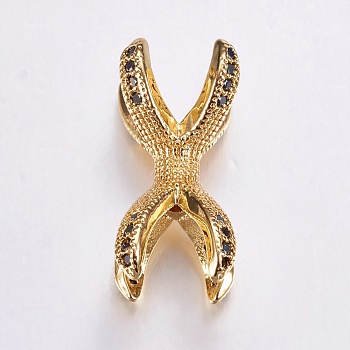 Brass Micro Pave Cubic Zirconia Beads, Long-Lasting Plated, Real 18K Gold Plated, Claw, 19x9mm, Hole: 2mm