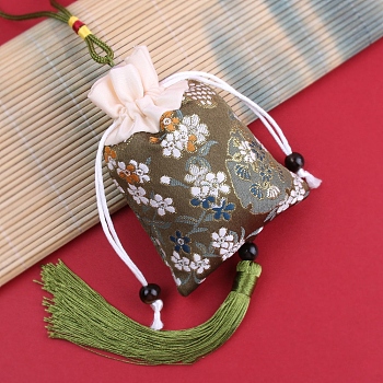 Brocade Sachet Bag, Drawstring Floral Embroidered Bag, Rectangle with Tassel, Olive, 42cm, Bag: 12.5x8.8x0.2cm, Bead: 0.8~0.9cm, Tassel: 12.5x1cm
