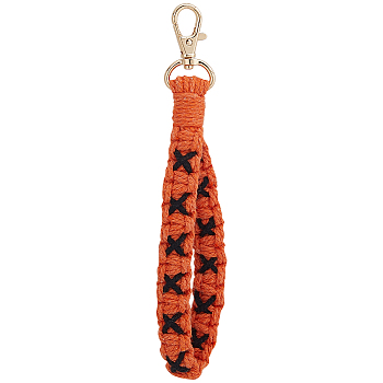 Cotton Handmade Braided Wrist Lanyard Pendant Decorations, with KC Gold Plated Alloy Swivel Clasps, for Keychain Making, Orange, 190x28mm