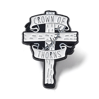 Religion Enamel Pins, Black Alloy Brooch for Backpack Clothes, Cross & Crown of Thowns, Cross, 30.5x22x1.5mm