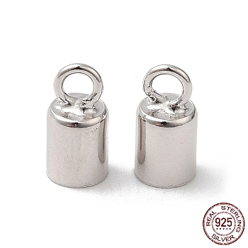 Rhodium Plated 925 Sterling Silver Cord Ends, End Caps, Column, Platinum, 8x4mm, Hole: 1.8mm, Inner Diameter: 3.5mm