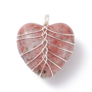Natural Sesame Jasper Pendants, with Copper Wire, Heart, 34x30x18mm, Hole: 6mm
