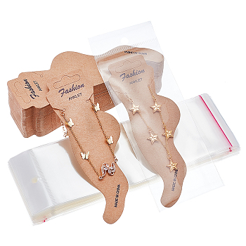Elite 120Pcs Paper Anklet Display Cards, with 120pcs OPP Cellophane Bags, Foot Shape with Word Fashion Anklet, Tan, 15.6x5.55x0.05cm
