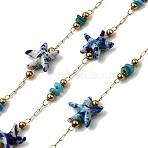 Handmade 304 Stainless Steel Synthetic Turquoise Starfish Link Chains, Soldered, with 316 Stainless Steel Cable Chains & Spool & Dyed Shell, Ion Plating(IP), Real 18K Gold Plated, Dark Blue, Beads: 10x10x4mm & 5x3.5mm(CHS-L032-13G-01)