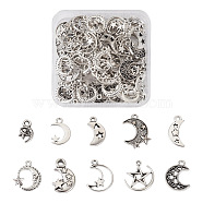 100Pcs 10 Style Tibetan Style Alloy Pendants, Moon with Star, Antique Silver, 17~22x7~18x1~3.5mm, Hole: 1.4~3mm, 10pcs/style(FIND-SW0001-29)