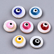 Natural Freshwater Shell Beads, with Enamel, Flat Round with Evil Eye, Mixed Color, 9x4.5mm, Hole: 0.8mm, about 50pcs/bag(SHEL-T018-11)