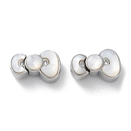 Brass Box Clasps, with Shell, Bowknot, Real Platinum Plated, 10.5x17x7mm, Hole: 1.2mm(KK-C079-07P)