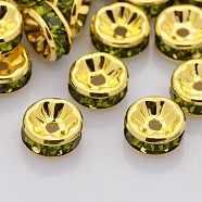 Brass Rhinestone Spacer Beads, Grade A, Straight Flange, Golden Metal Color, Rondelle, Olivine, 6x3mm, Hole: 1mm(RB-A014-Z6mm-09G)