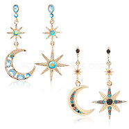 2 Sets 2 Styles Colorful Rhinestone Moon & Star Asymmetrical Earrings, Zinc Alloy Dangle Stud Earrings for Women, Light Gold, 57~63mm, Pin: 0.8mm, 1 Set/style(EJEW-FI0001-22)