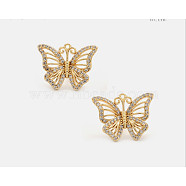 SHEGRACE Brass Stud Earrings, with Ear Nuts and Grade AAA Cubic Zirconia, Butterfly, Real 18K Gold Plated, 15.5x20mm(JE001A-X)