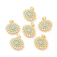 Brass Micro Pave Clear & Deep Sky Blue Cubic Zirconia Charms, with Jump Rings, Eye, Real 18K Gold Plated, 14x15x1.9mm, Hole: 2.4mm(ZIRC-O036-13G)