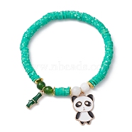Polymer Clay Disc & Natural Malaysia Jade & TaiWan Jade Beaded Stretch Bracelet, with Alloy Enamel Panda & Bamboo Charms, Green, Wide: 6mm, Inner Diameter: 2-1/8 inch(5.25cm)(BJEW-JB09652-01)