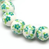 Handmade Flower Printed Porcelain Ceramic Beads Strands, Round, Light Sea Green, 6mm, Hole: 2mm, about 60pcs/strand, 13 inch(PORC-M005-6mm-07)